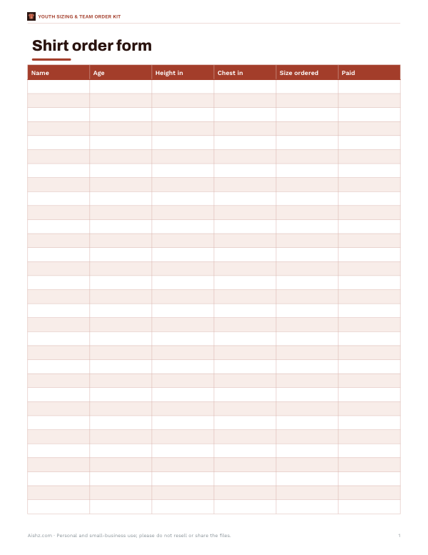 Preview of Printable Youth Shirt Size Order Form